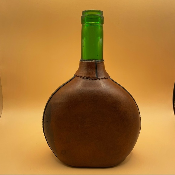 628 Vintage Leather-Wrapped Demijohn with Embossed Face  Green Glass Bottle - Picture 5 of 11